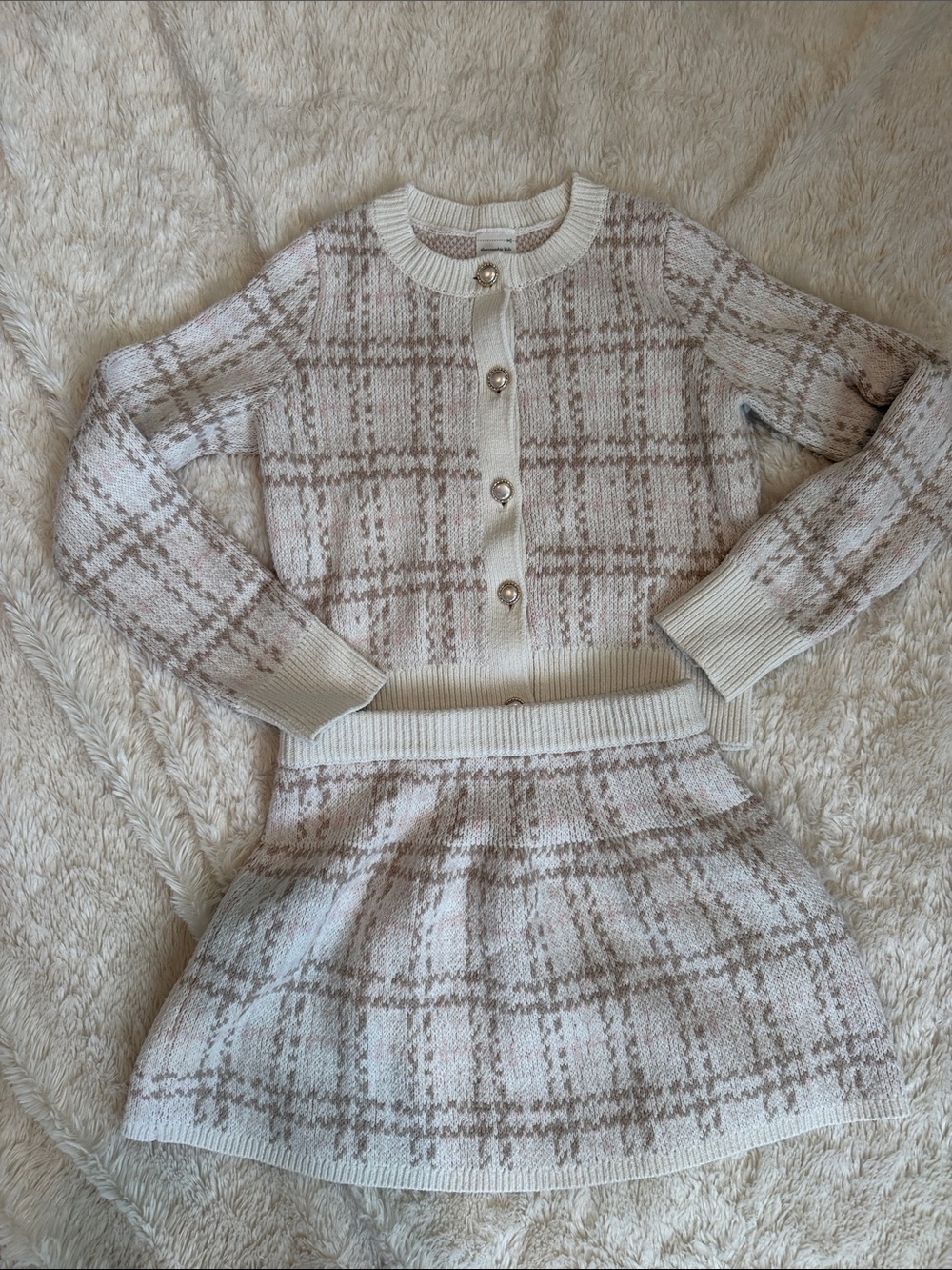Abercrombie & Fitch Cream and Tan Plaid Knit Cardigan & Skirt Set